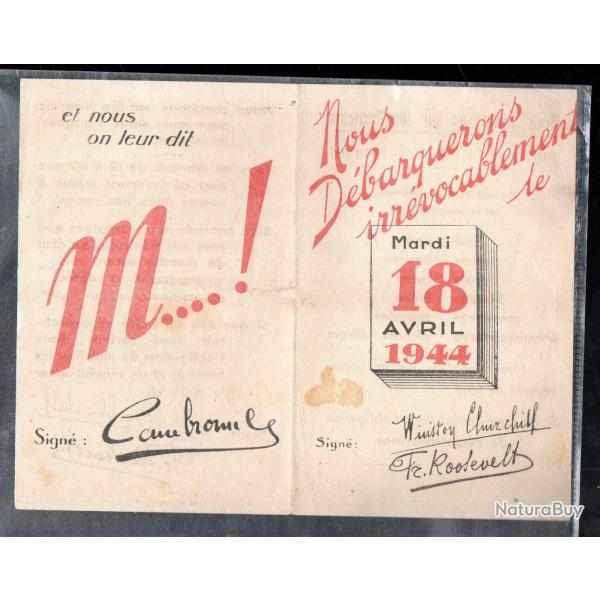 Tract du R�gime de Vichy "Nous D�barquerons irr�vocablement le mardi 18 avril 1944" tr�s rare propag