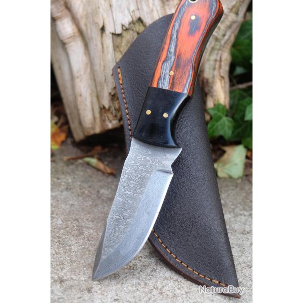 Skinner Couteau Damas Lame 256 Couches Lame Drop Point Manche Coccinelle F Artisanale Etui Cuir