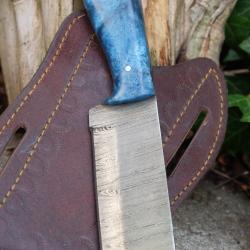 Couteau Skinner Lame Butcher Acier Damas 256 Couches Manche R&eacute;sine Beau Etui Cuir Fabric Artisanale
