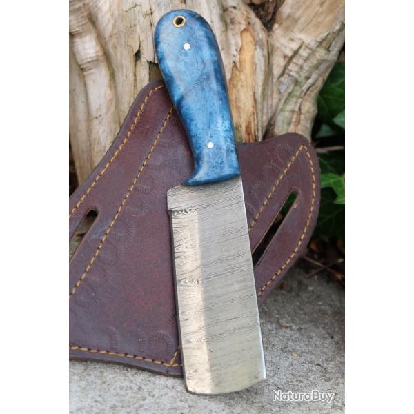Couteau Skinner Lame Butcher Acier Damas 256 Couches Manche R�sine Beau Etui Cuir Fabric Artisanale