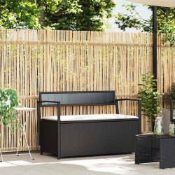 Banc de rangement de jardin avec coussin noir r&eacute;sine tress&eacute;e