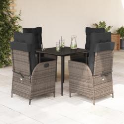 Ensemble &agrave; manger de jardin 5 pcs coussins gris r&eacute;sine tress&eacute;e
