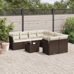 Salon de jardin avec coussins 9 pcs marron r&eacute;sine tress&eacute;e