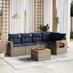 Salon de jardin 6 pcs avec coussins gris r&eacute;sine tress&eacute;e