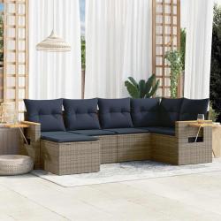 Salon de jardin 6 pcs avec coussins gris r&eacute;sine tress&eacute;e