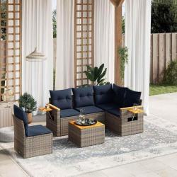 Salon de jardin 6 pcs avec coussins gris r&eacute;sine tress&eacute;e