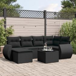 Salon de jardin 7 pcs avec coussins noir r&eacute;sine tress&eacute;e