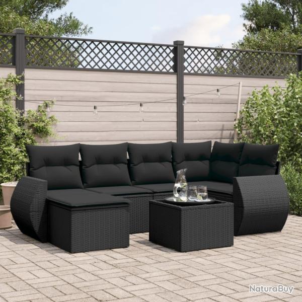 Salon de jardin 7 pcs avec coussins noir r�sine tress�e