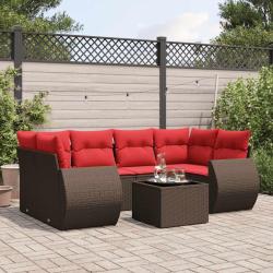 Ensemble de canap&eacute; de jardin 7 pcs avec coussins marron r&eacute;sine tress&eacute;e