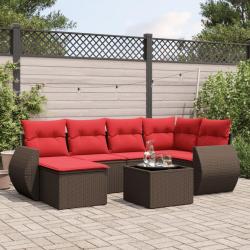Ensemble de canap&eacute; de jardin 7 pcs avec coussins marron r&eacute;sine tress&eacute;e