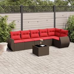 Ensemble de canap&eacute; de jardin 7 pcs avec coussins marron r&eacute;sine tress&eacute;e