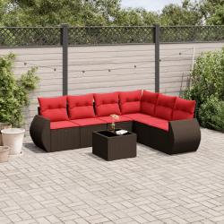Ensemble de canap&eacute; de jardin 7 pcs avec coussins marron r&eacute;sine tress&eacute;e