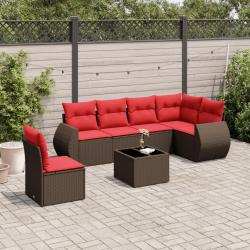 Ensemble de canap&eacute; de jardin 7 pcs avec coussins marron r&eacute;sine tress&eacute;e