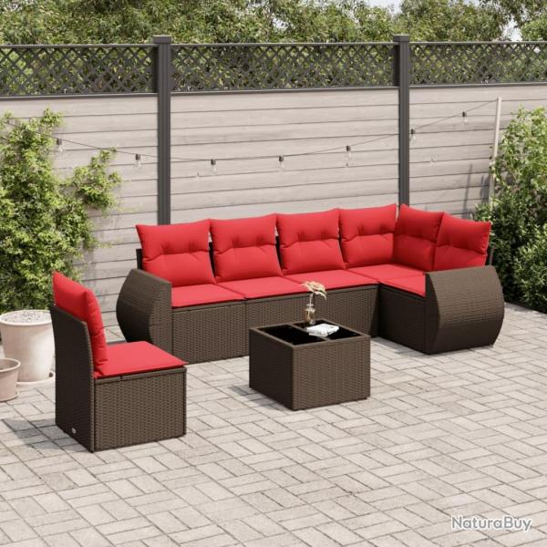 Ensemble de canap� de jardin 7 pcs avec coussins marron r�sine tress�e