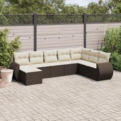 Salon de jardin 8 pcs avec coussins marron r&eacute;sine tress&eacute;e