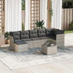 Salon de jardin 8 pcs avec coussins gris clair r&eacute;sine tress&eacute;e