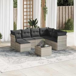 Salon de jardin 8 pcs avec coussins gris clair r&eacute;sine tress&eacute;e