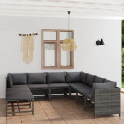 Salon de jardin 9 pcs avec coussins R&eacute;sine tress&eacute;e Gris