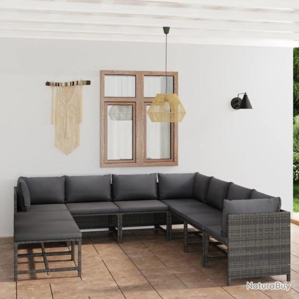 Salon de jardin 9 pcs avec coussins R�sine tress�e Gris