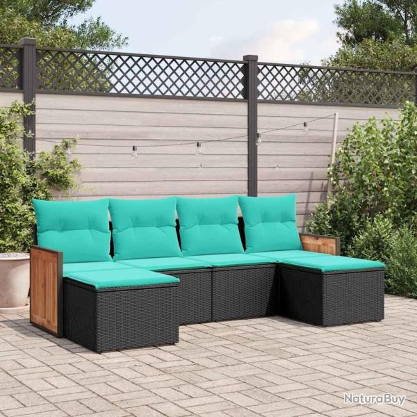 Salon de jardin 6 pcs avec coussins noir r�sine tress�e