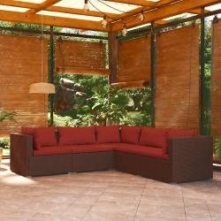 Salon de jardin 5 pcs avec coussins r&eacute;sine tress&eacute;e marron