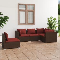 Salon de jardin 5 pcs avec coussins r&eacute;sine tress&eacute;e marron