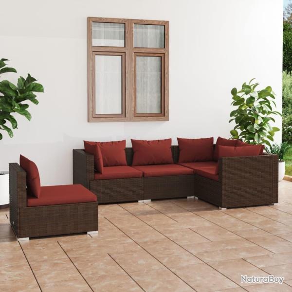 Salon de jardin 5 pcs avec coussins r�sine tress�e marron