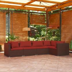 Salon de jardin 5 pcs avec coussins r&eacute;sine tress&eacute;e marron