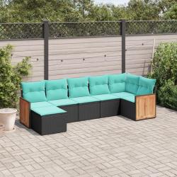 Salon de jardin 7 pcs avec coussins noir r&eacute;sine tress&eacute;e