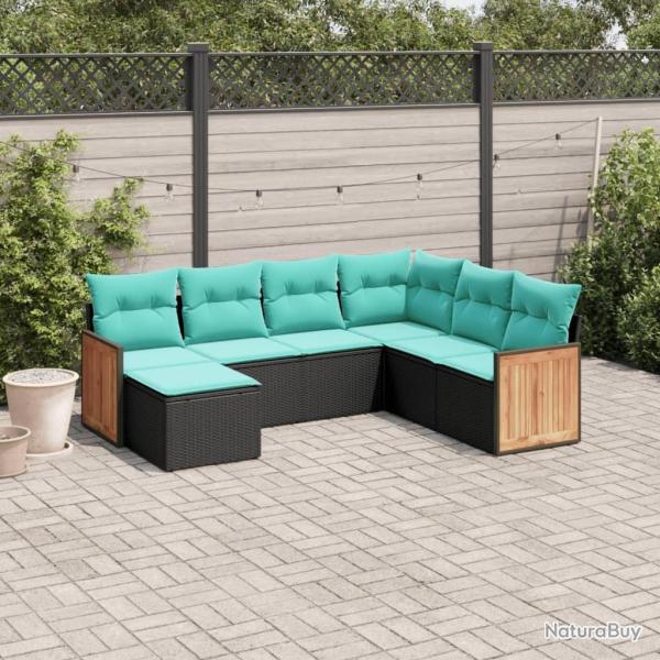 Salon de jardin 7 pcs avec coussins noir r�sine tress�e