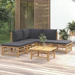 Salon de jardin 6 pcs avec coussins gris fonc&eacute; bambou