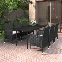 Ensemble &agrave; manger de jardin coussins 7 pcs R&eacute;sine tress&eacute;e Verre
