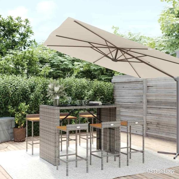 Ensemble de bar jardin 7 pcs gris poly rotin/bois massif acacia