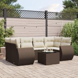 Salon de jardin avec coussins 7 pcs marron r&eacute;sine tress&eacute;e