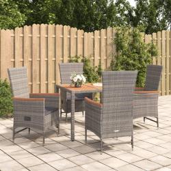 Ensemble &agrave; manger de jardin 5 pcs coussins gris r&eacute;sine tress&eacute;e