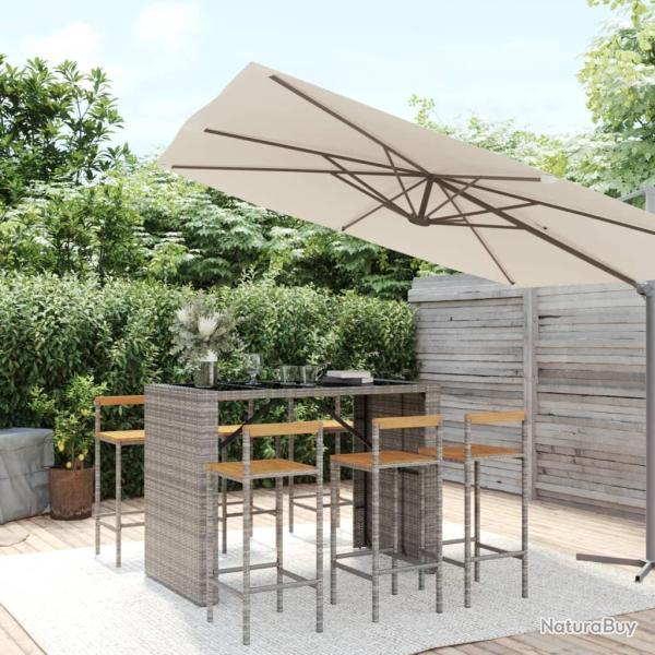 Ensemble de bar jardin 7 pcs gris poly rotin/bois massif acacia