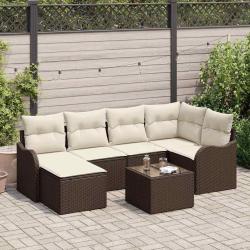 Ensemble de canap&eacute; de jardin 7 pcs Marron et blanc Poly rotin