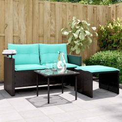 Ensemble de canap&eacute; de jardin 3 pcs avec coussins noir r&eacute;sine tress&eacute;e
