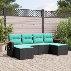 Salon de jardin 6 pcs avec coussins noir r&eacute;sine tress&eacute;e