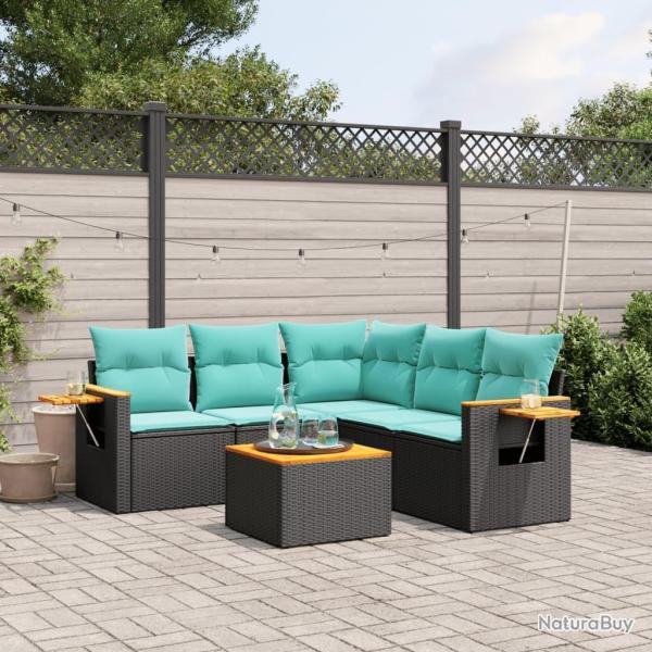 Salon de jardin 6 pcs avec coussins noir r�sine tress�e