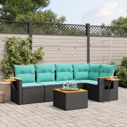 Salon de jardin 6 pcs avec coussins noir r&eacute;sine tress&eacute;e