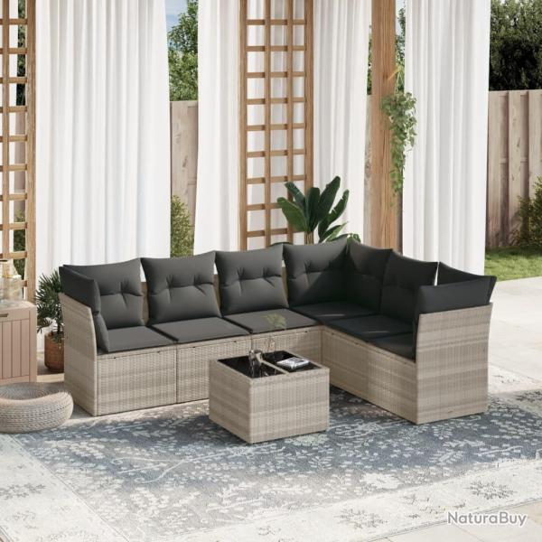 Salon de jardin avec coussins 7 pcs gris clair r�sine tress�e