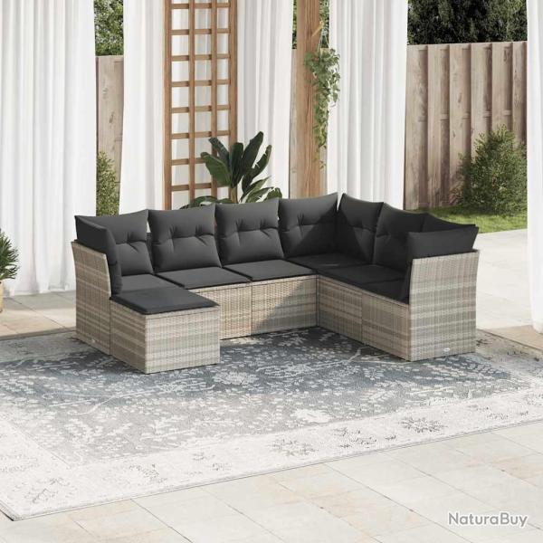 Salon de jardin avec coussins 7 pcs gris clair r�sine tress�e