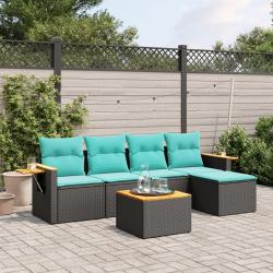 Salon de jardin 6 pcs avec coussins noir r&eacute;sine tress&eacute;e