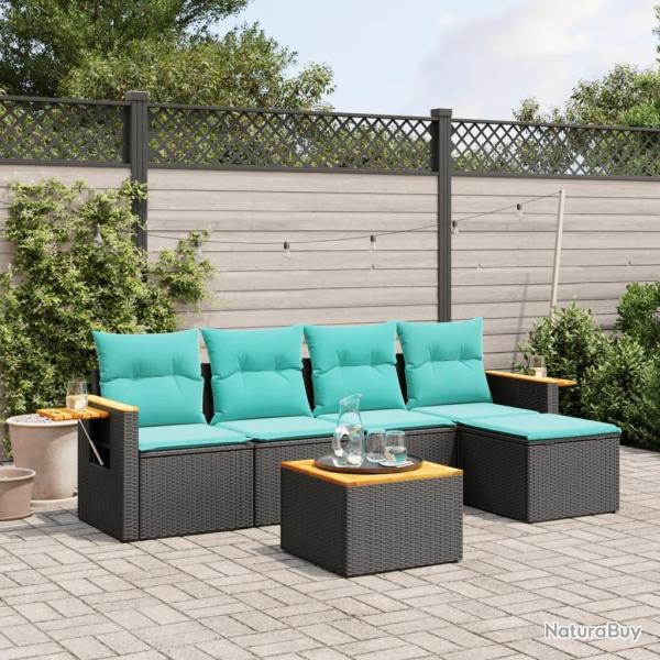 Salon de jardin 6 pcs avec coussins noir r�sine tress�e