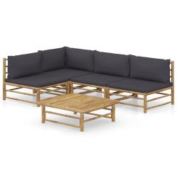 Salon de jardin 5 pcs avec coussins gris fonc&eacute; bambou