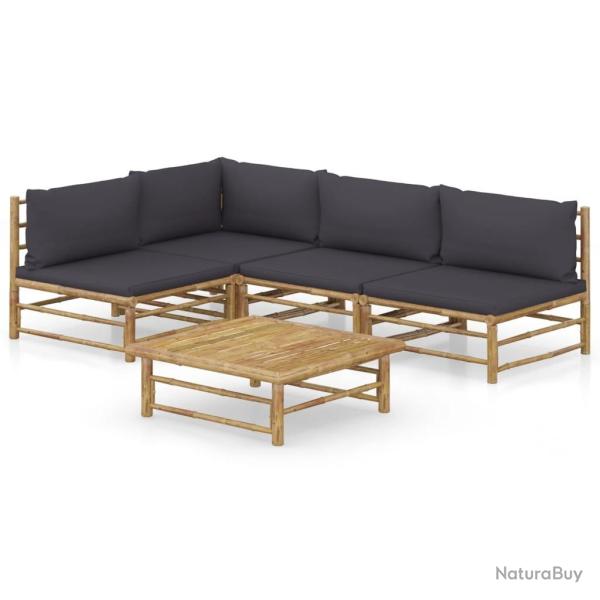 Salon de jardin 5 pcs avec coussins gris fonc� bambou