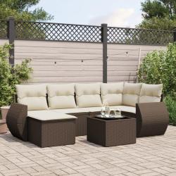 Salon de jardin avec coussins 7 pcs marron r&eacute;sine tress&eacute;e