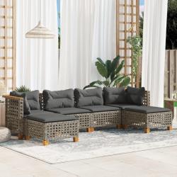 Salon de jardin 6 pcs avec coussins gris r&eacute;sine tress&eacute;e