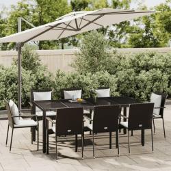 Ensemble &agrave; manger jardin 9pcs et coussins noir r&eacute;sine tress&eacute;e